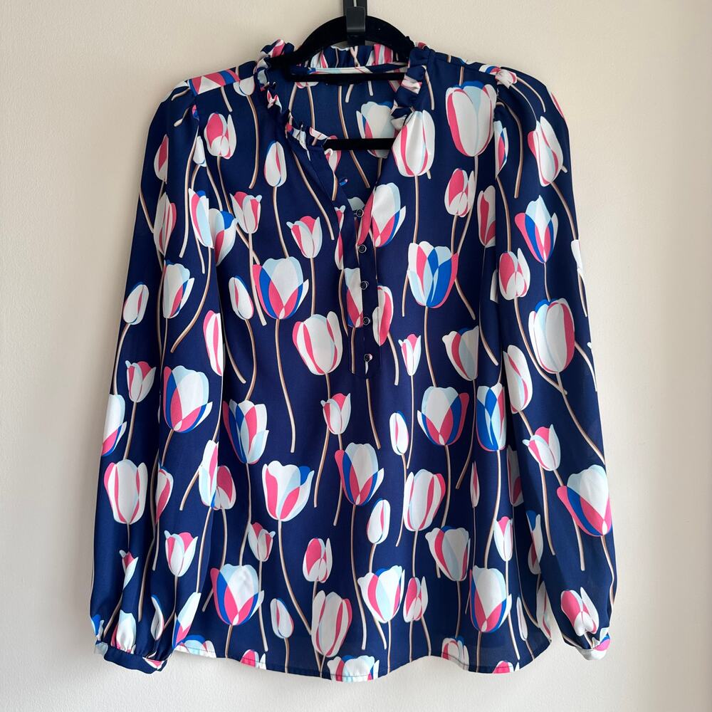 Talbots Tulips Ruffle Trim Popover Top Blue Button Front Long Sleeve Sz M